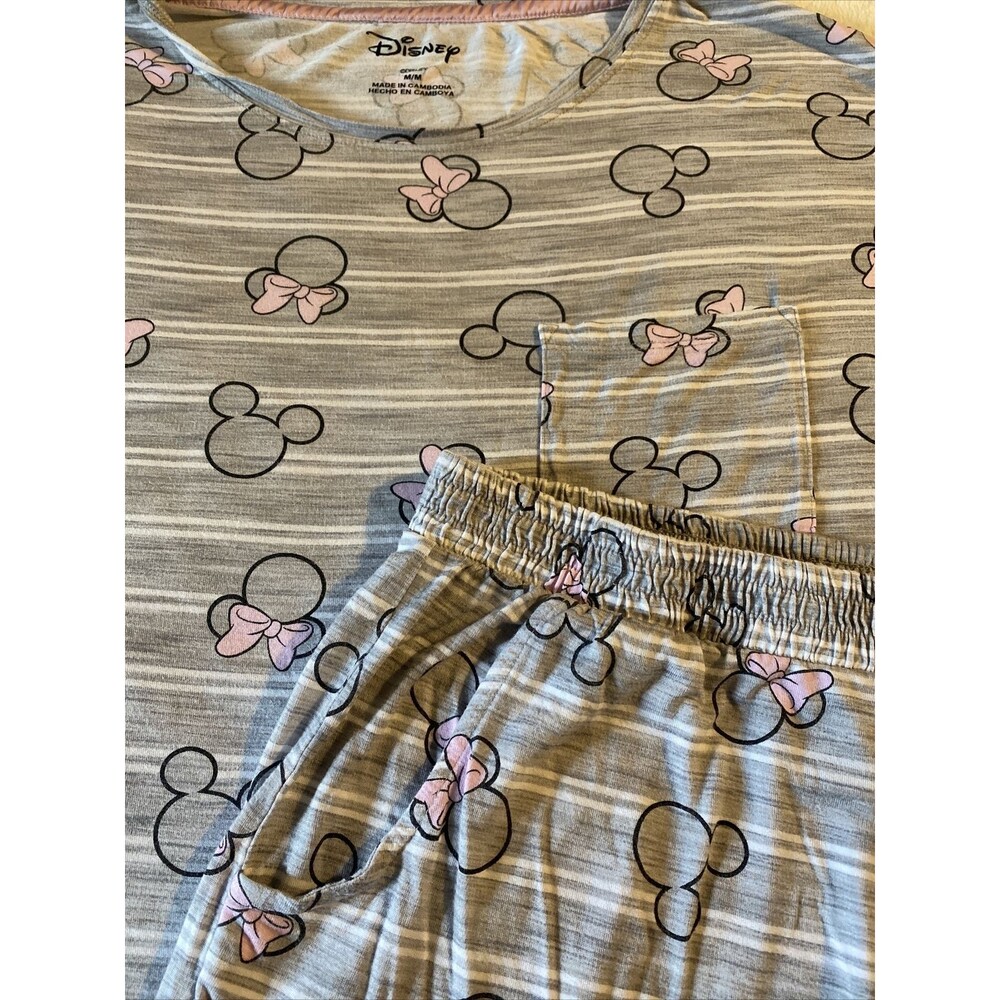 Disney Minnie Mouse Pink Bows Oversized Pajama Shorts Set Size Medium Gray